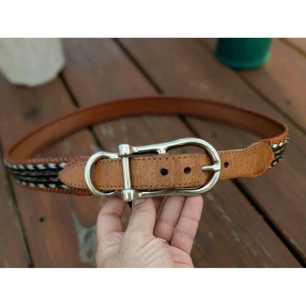 Willis & Geiger Braided Horsehair Woven Brown Leather Belt Silver Buckle 36